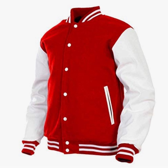 Leather Sleeve & Wool Body Letterman Red White Varsity Jacket - Picture 1 of 10